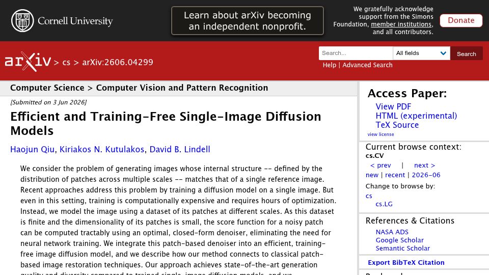 Screenshot of arxiv.org: Efficient and Training-Free Single-Image Diffusion Models