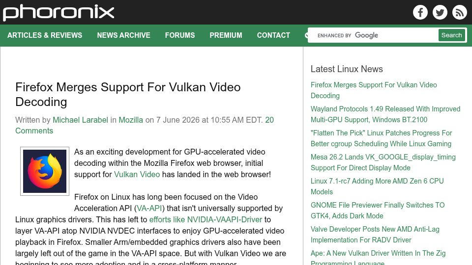Screenshot of phoronix.com: Firefox Merges Support for Vulkan Video Decoding