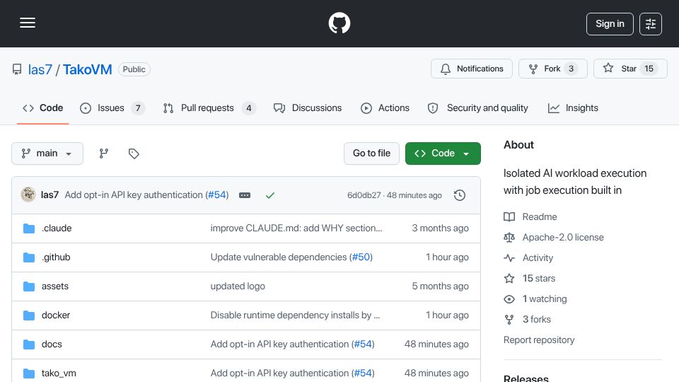 Screenshot of github.com: Show HN: TakoVM – Isolated model and tool execution used by enterprises