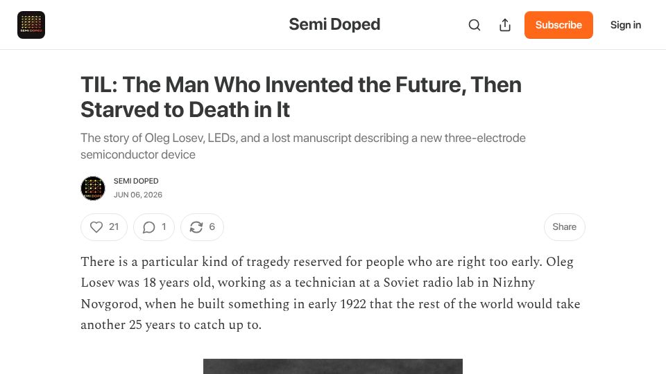 Screenshot of semidoped.com: The Russian who invented semiconductors 25 years before the USA