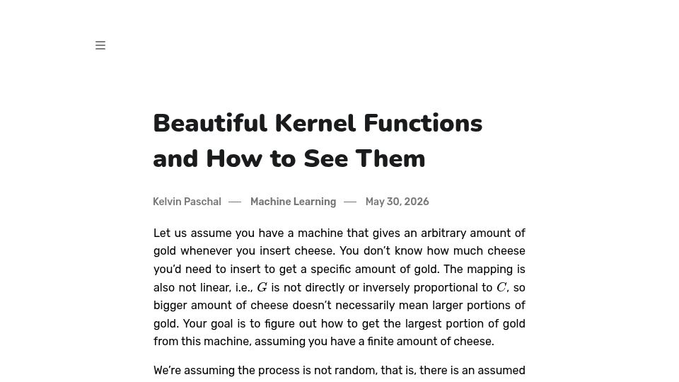 Screenshot of kelvinpaschal.com: A visual introduction to kernel functions