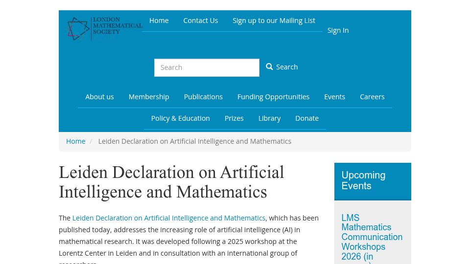 Screenshot of lms.ac.uk: Leiden Declaration on Artificial Intelligence and Mathematics