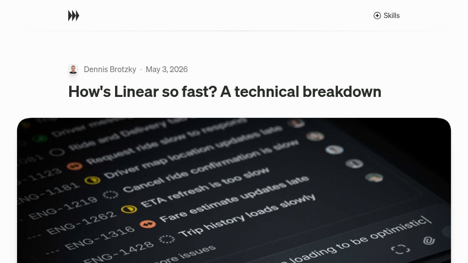 Screenshot of performance.dev: How's Linear so fast? A technical breakdown