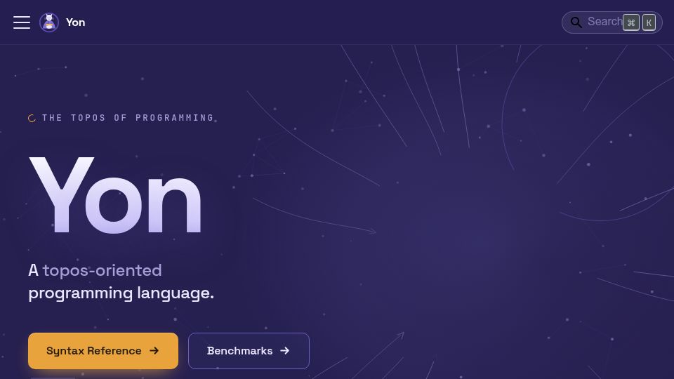 Screenshot of yon-lang.org: Yon – a topos-oriented language with a content-addressed lattice heap