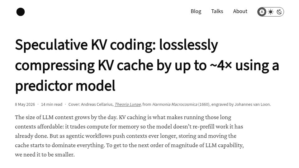 Screenshot of fergusfinn.com: Speculative KV coding: losslessly compressing KV cache by up to ~4×