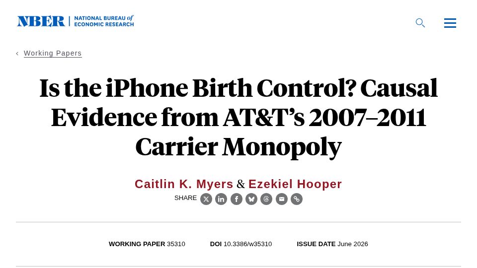 Screenshot of nber.org: The iPhone explains 33–52% of fertility decline among women aged 15–44