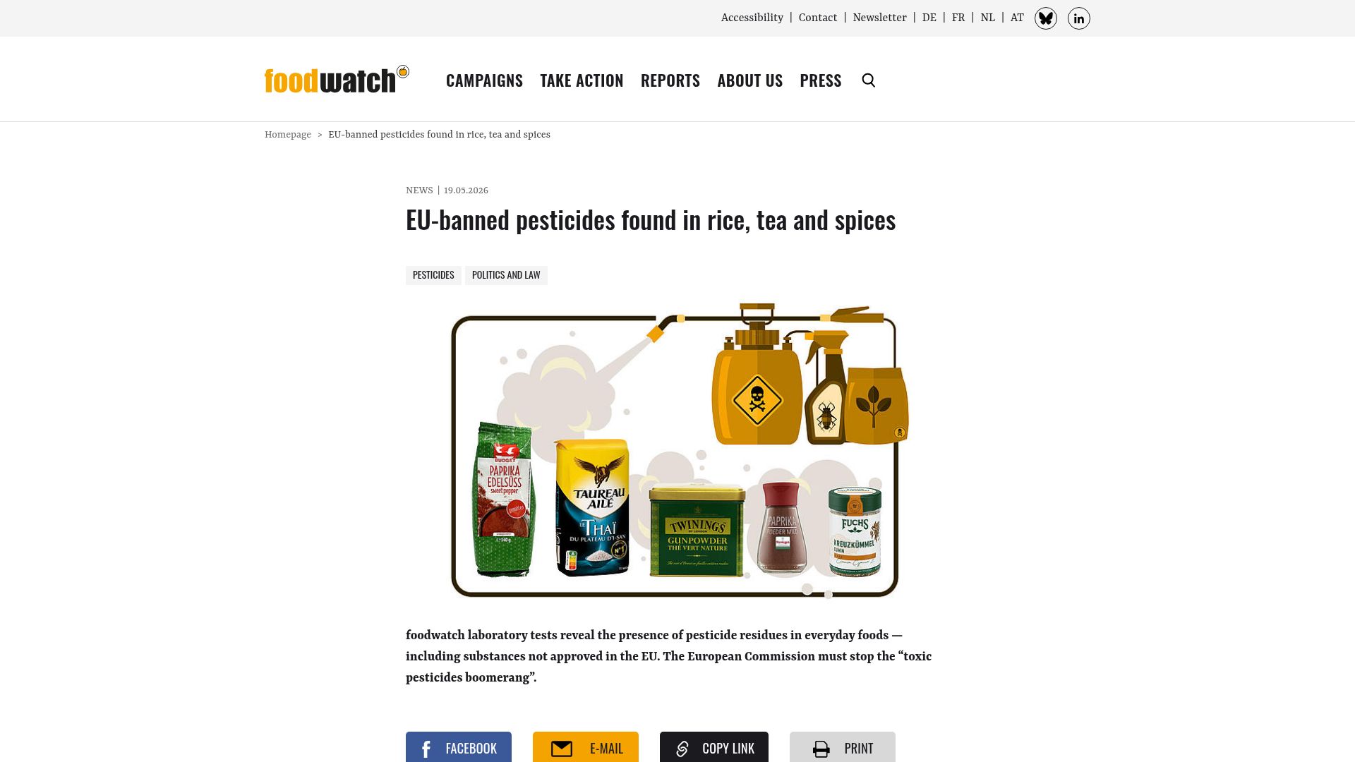 Screenshot of foodwatch.org: EU-banned pesticides found in rice, tea and spices