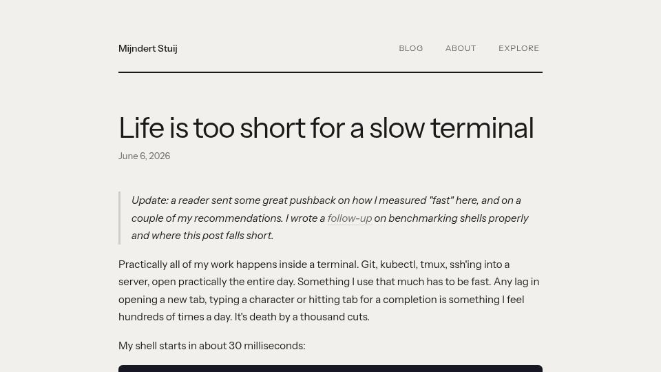 Screenshot of mijndertstuij.nl: Life is too short for a slow terminal
