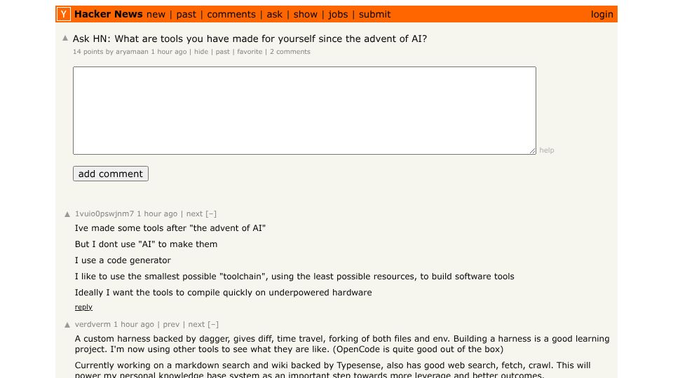 Screenshot of Hacker News post: Ask HN: What are tools you have made for yourself since the advent of AI?