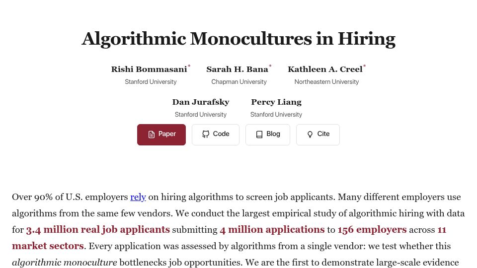 Screenshot of algorithmichiring.github.io: Algorithmic Monocultures in Hiring