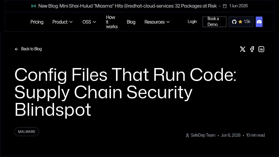 Screenshot of safedep.io: Config Files That Run Code: Supply Chain Security Blindspot