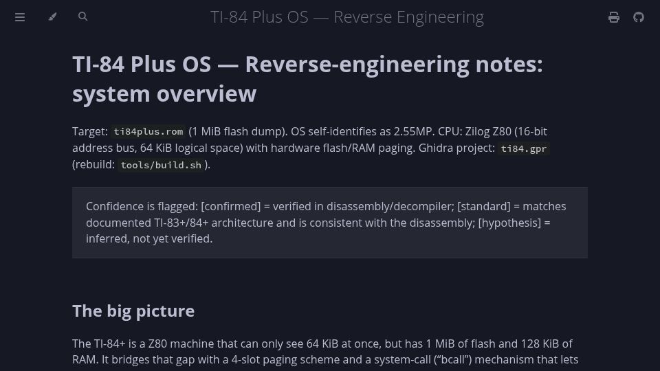 Screenshot of siraben.github.io: Full Reverse Engineering of the TI-84 Plus Operating System