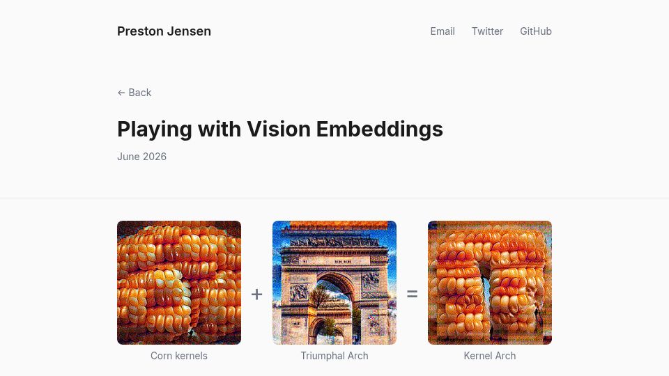 Screenshot of prestonbjensen.com: Playing with Vision Embeddings