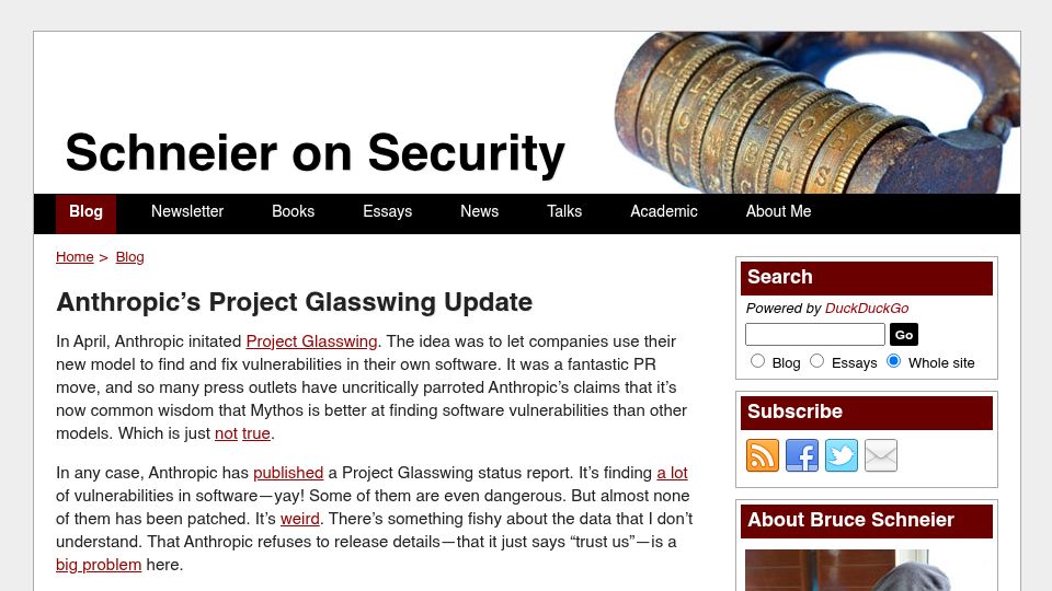 Screenshot of schneier.com: Anthropic's Project Glasswing Update