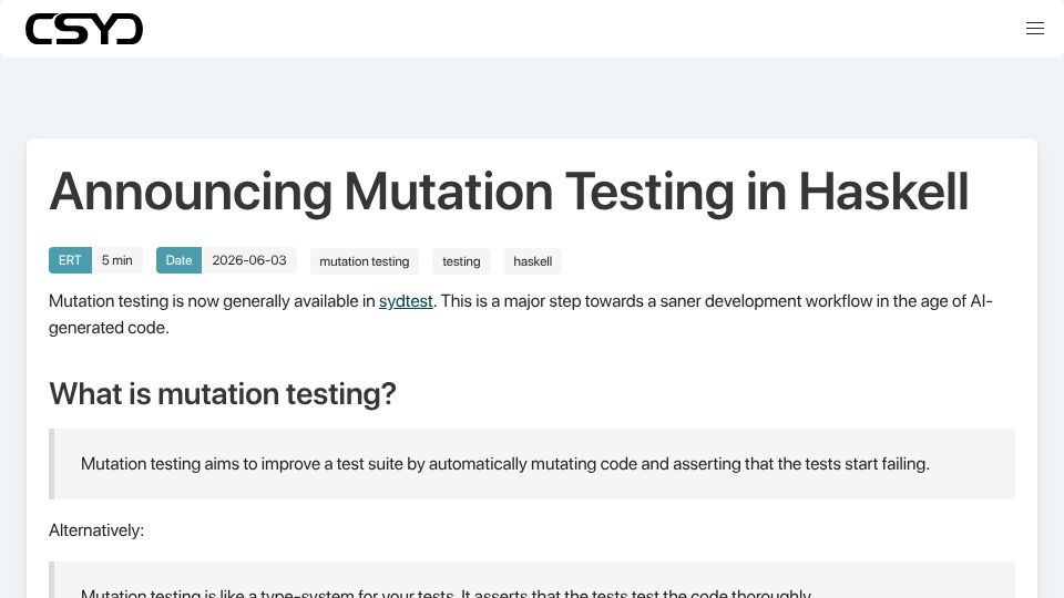 Screenshot of cs-syd.eu: Mutation Testing in Haskell