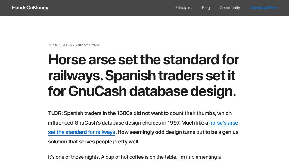 Screenshot of handson.money: Spanish traders set the standard for GnuCash database design