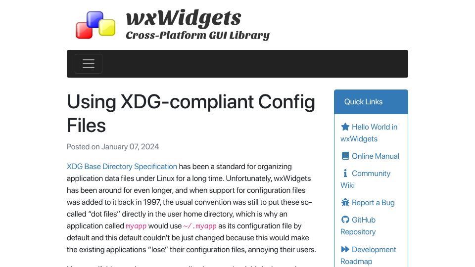 Screenshot of wxwidgets.org: Using XDG-Compliant Config Files (2024)