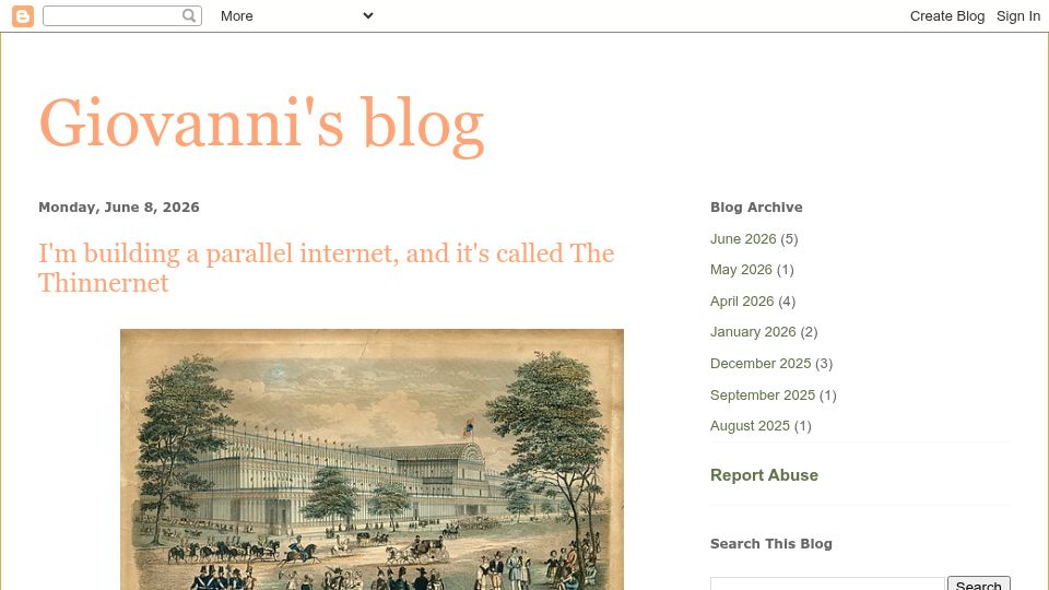 Screenshot of inavoyage.blogspot.com: I'm building a parallel internet, and it's called The Thinnernet