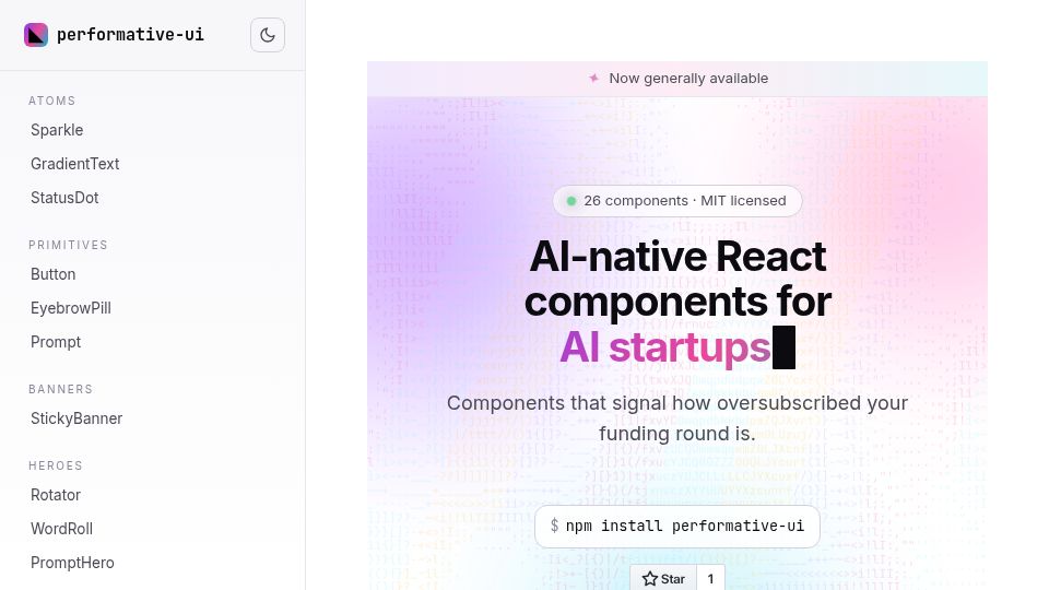 Screenshot of vorpus.github.io: Show HN: Performative-UI – A react component library of design tropes