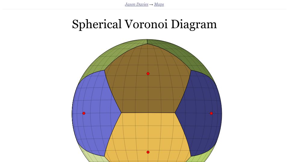 Screenshot of jasondavies.com: Spherical Voronoi Diagram