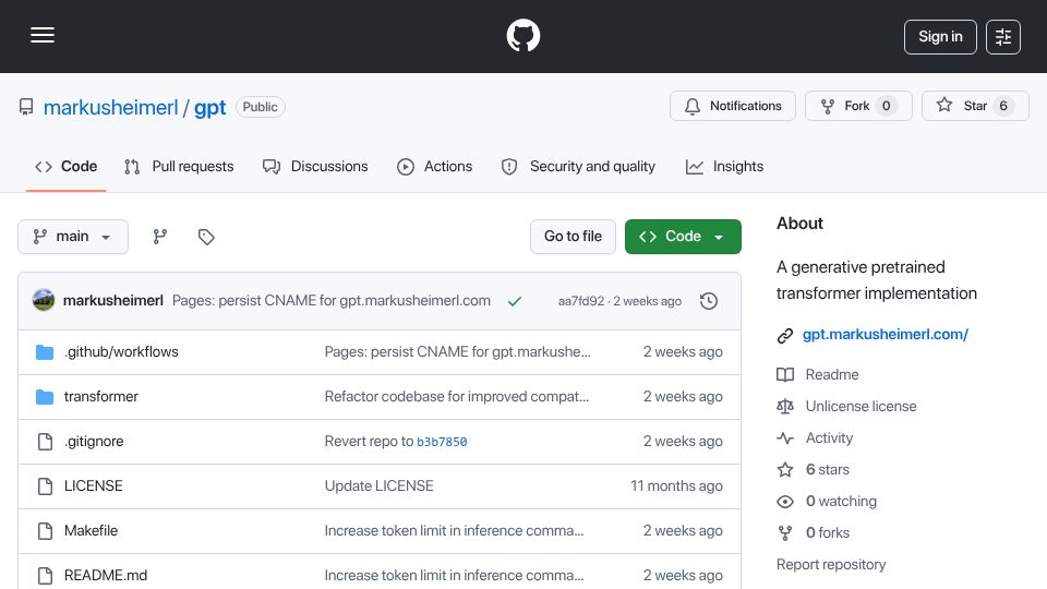 Screenshot of github.com: Tiny hackable CUDA language model implementation