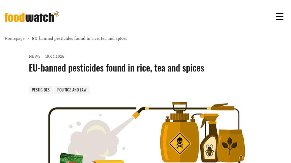 Screenshot of foodwatch.org: EU-banned pesticides found in rice, tea and spices