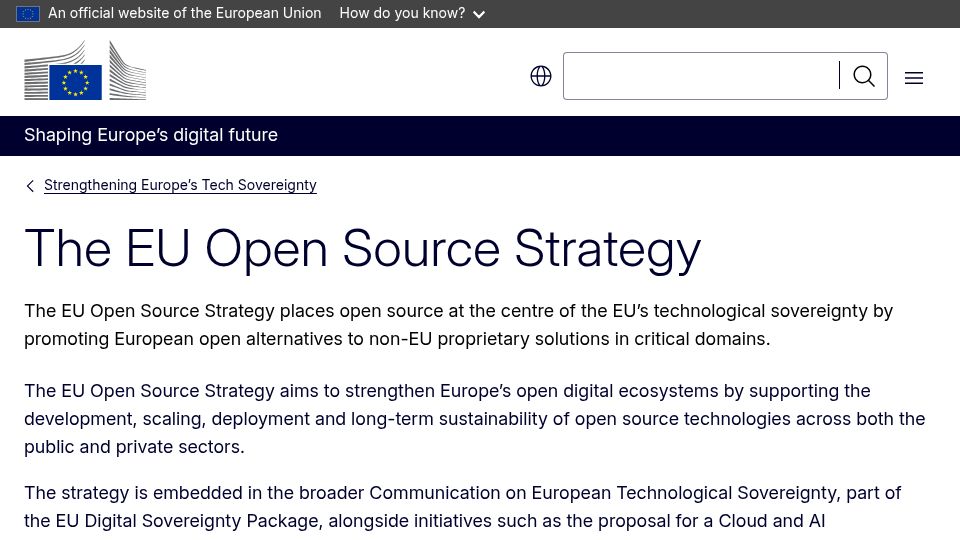 Screenshot of digital-strategy.ec.europa.eu: The EU Open Source Strategy