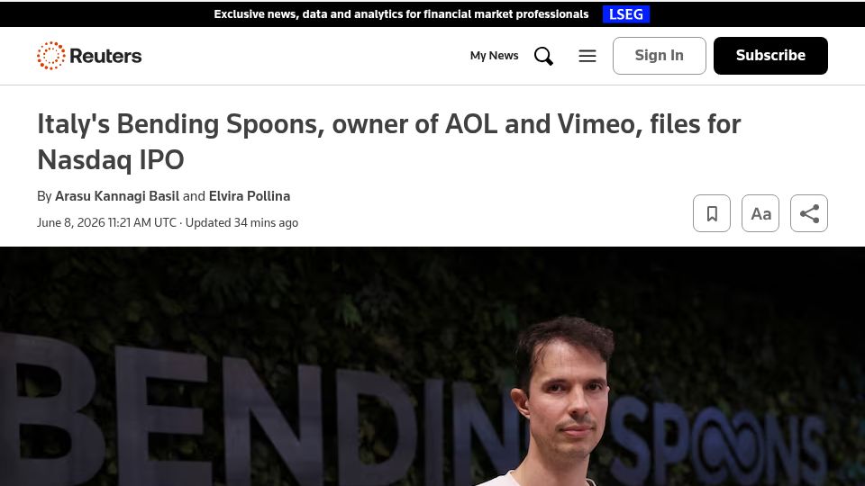 Screenshot of reuters.com: Italy's Bending Spoons, owner of AOL and Vimeo, files for Nasdaq IPO