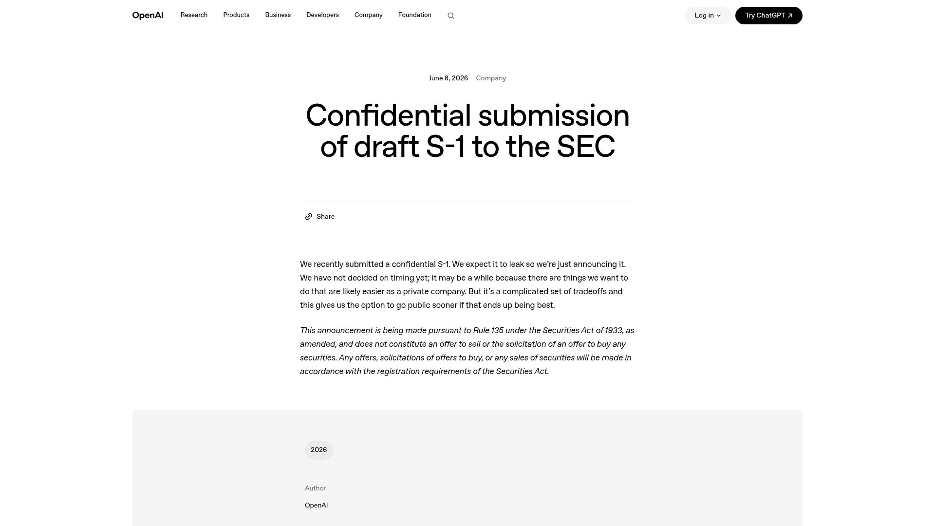 Screenshot of openai.com: Confidential submission of draft S-1 to the SEC