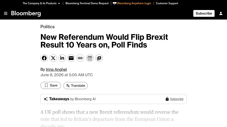 Screenshot of bloomberg.com: New Referendum Would Flip Brexit Result 10 Years On, Poll Finds