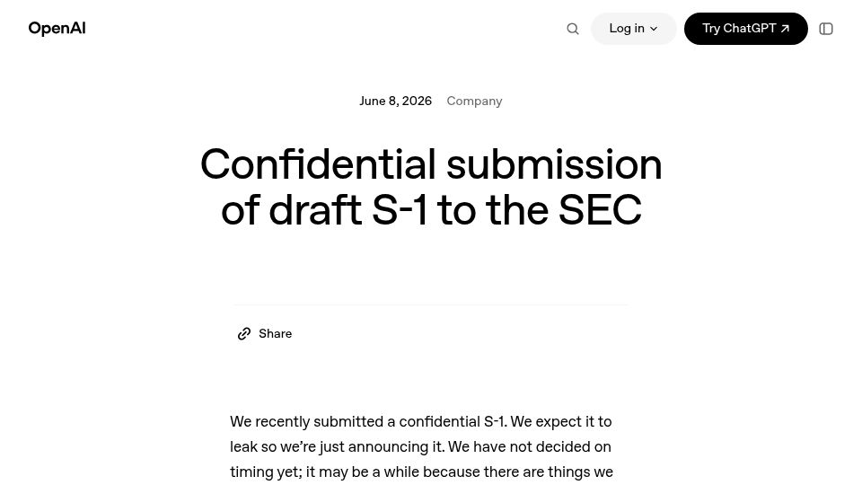 Screenshot of openai.com: Confidential submission of draft S-1 to the SEC