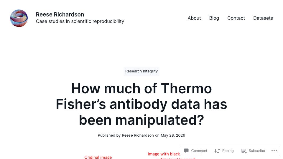 Screenshot of reeserichardson.blog: How much of Thermo Fisher's antibody data has been manipulated?