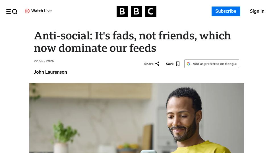 Screenshot of bbc.com: Anti-social: It's fads, not friends, which now dominate social media feeds