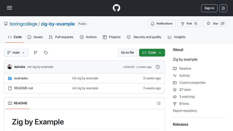 Screenshot of github.com: Zig by Example