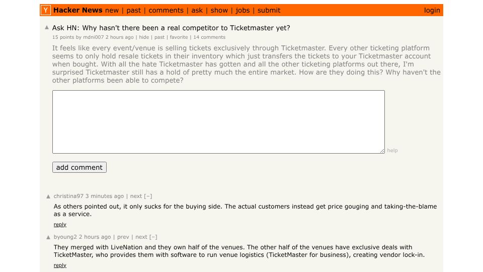 Screenshot of Hacker News post: Ask HN: Why hasn't there been a real competitor to Ticketmaster yet?