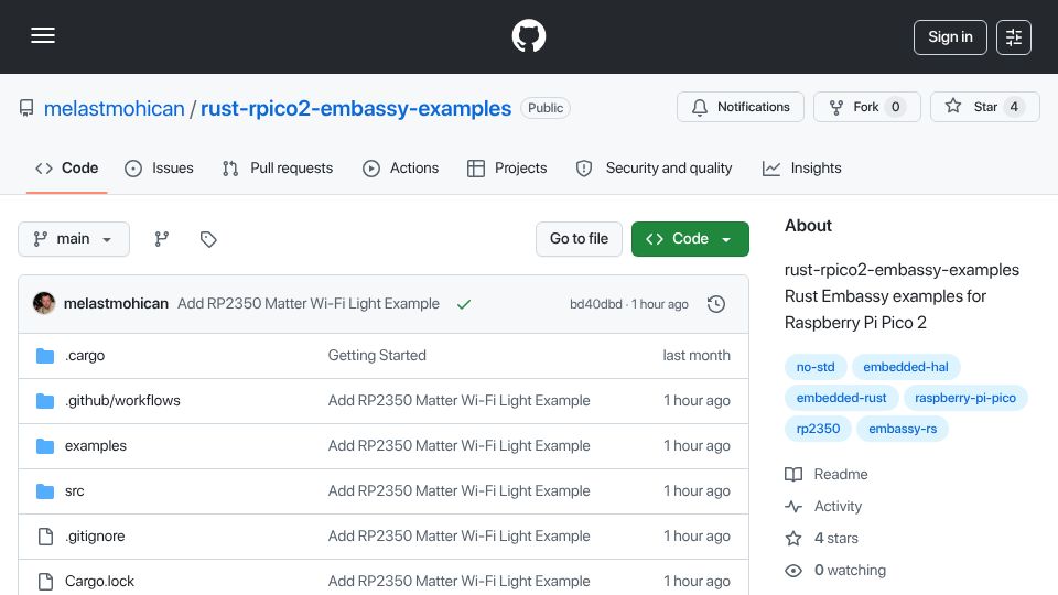 Screenshot of github.com: A Matter Wi-Fi Light Bulb in Rust on the Raspberry Pi Pico 2 W