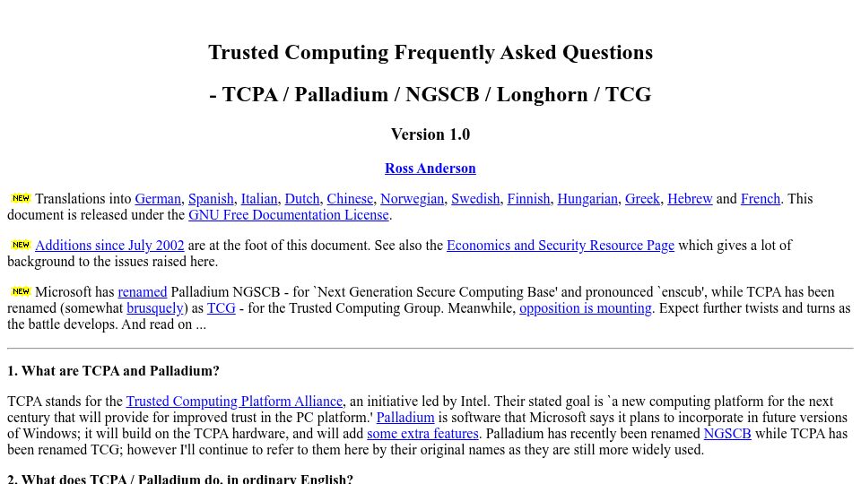 Screenshot of cl.cam.ac.uk: Trusted Computing Frequently Asked Questions (2003)