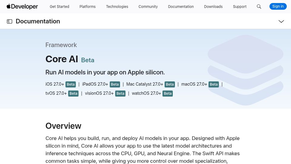 Screenshot of developer.apple.com: Apple Core AI Framework