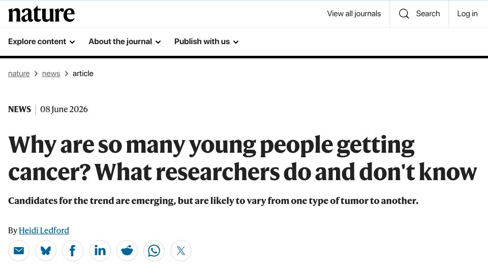 Screenshot of nature.com: Why are so many young people getting cancer?