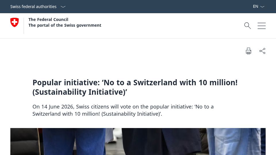 Screenshot of admin.ch: Switzerland wil have a referendum to cap population at 10M