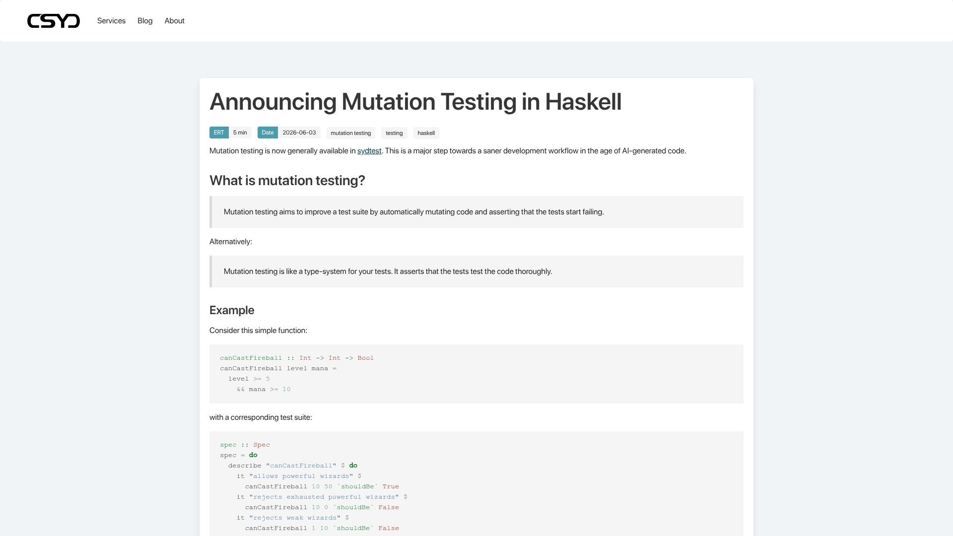 Screenshot of cs-syd.eu: Mutation Testing in Haskell