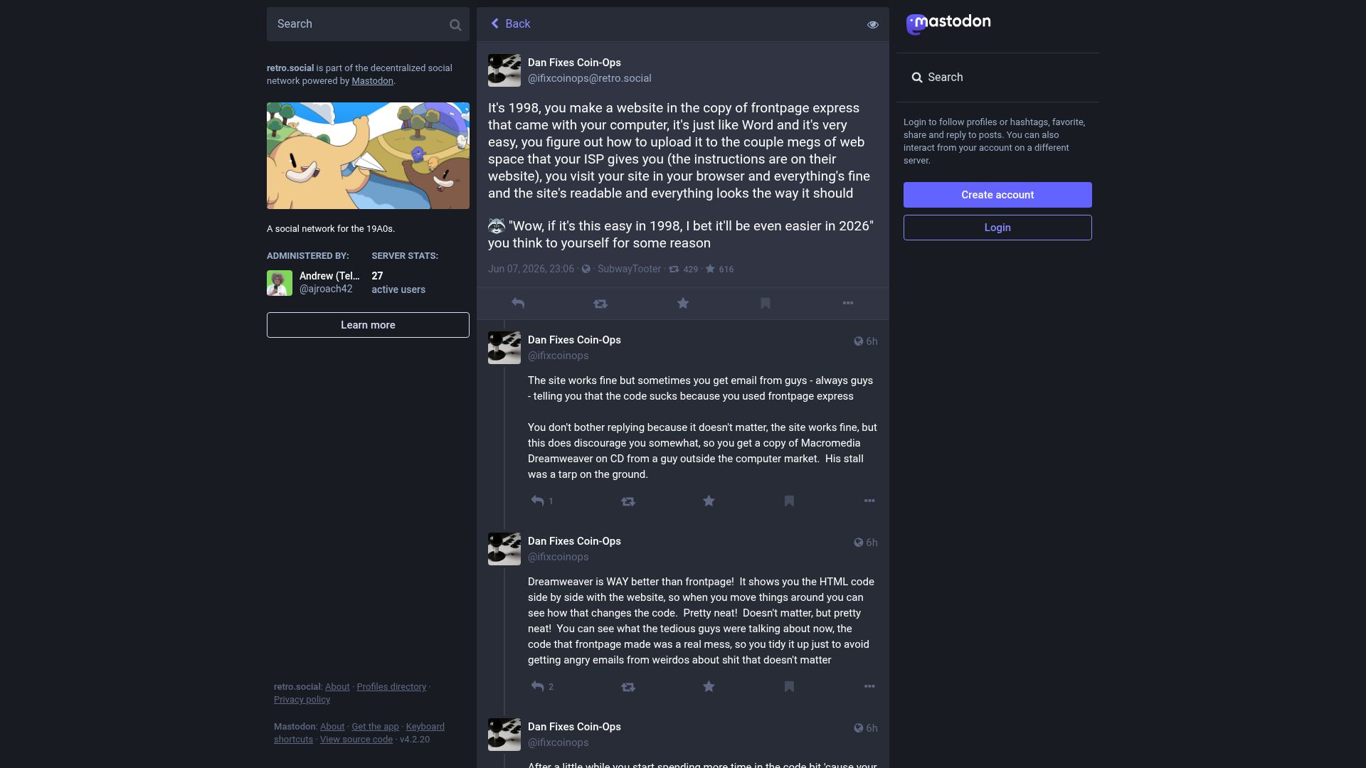 Screenshot of retro.social: Wow, if it's this easy in 1998, I bet it'll be even easier in 2026