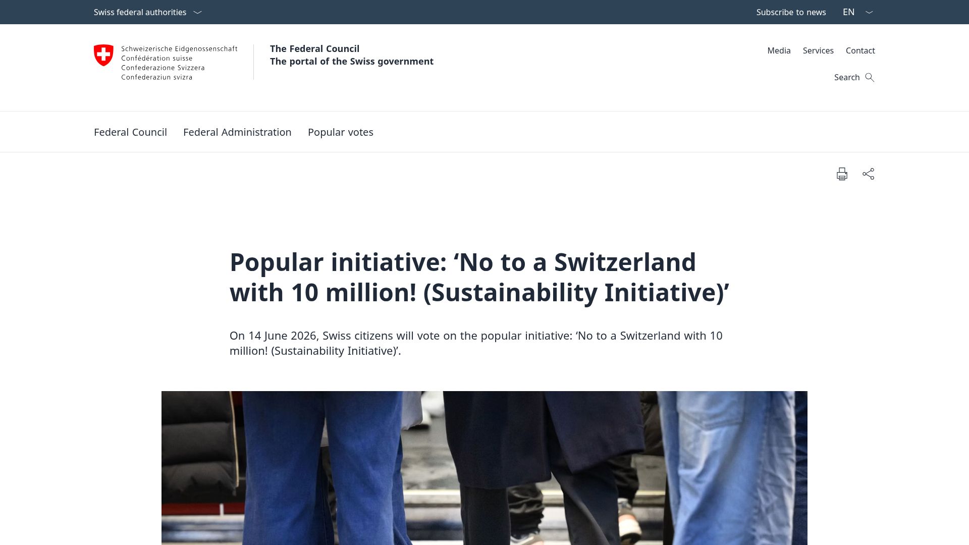 Screenshot of admin.ch: Switzerland wil have a referendum to cap population at 10M