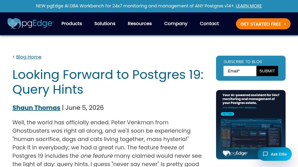Screenshot of pgedge.com: Looking Forward to Postgres 19: Query Hints