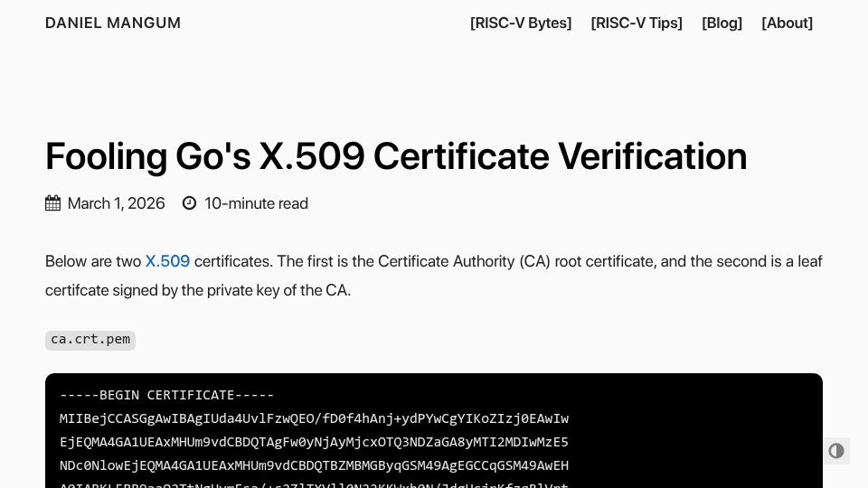 Screenshot of danielmangum.com: Fooling Go's X.509 Certificate Verification