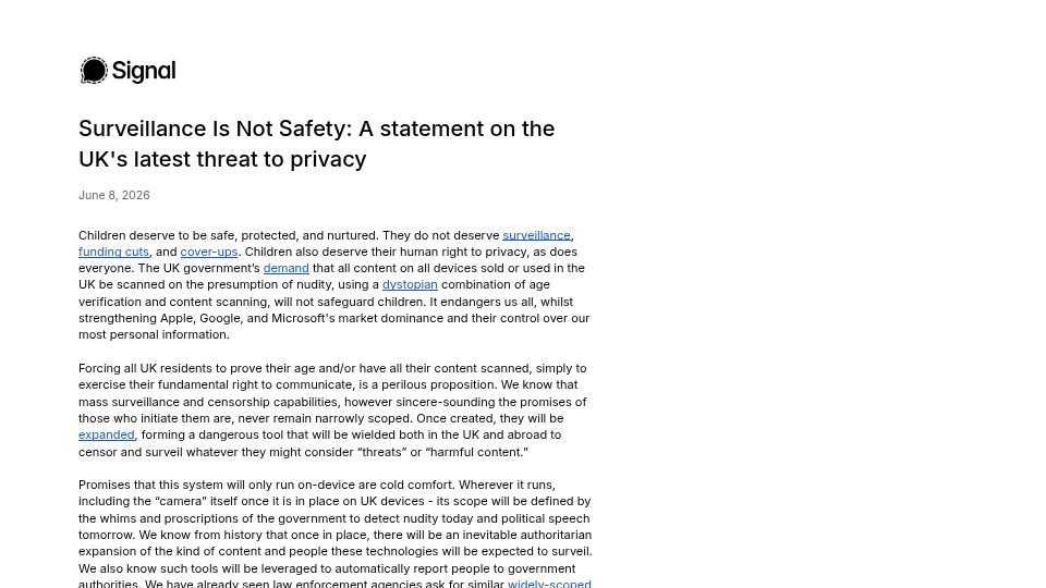 Screenshot of signal.org: Surveillance is not safety: A statement on the UK's latest threat to privacy [pdf]