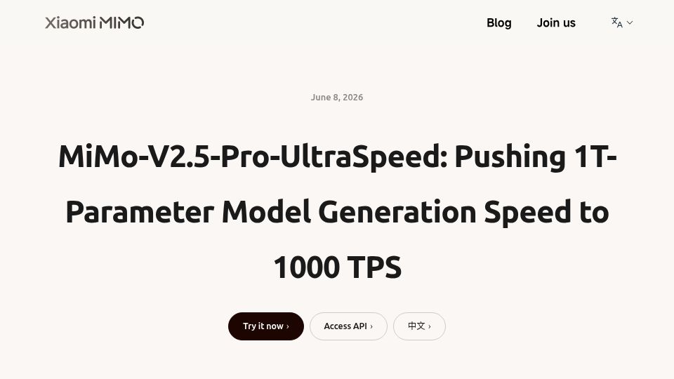 Screenshot of mimo.xiaomi.com: MiMo-v2.5-Pro-UltraSpeed: 1T model with 1000 tokens per second