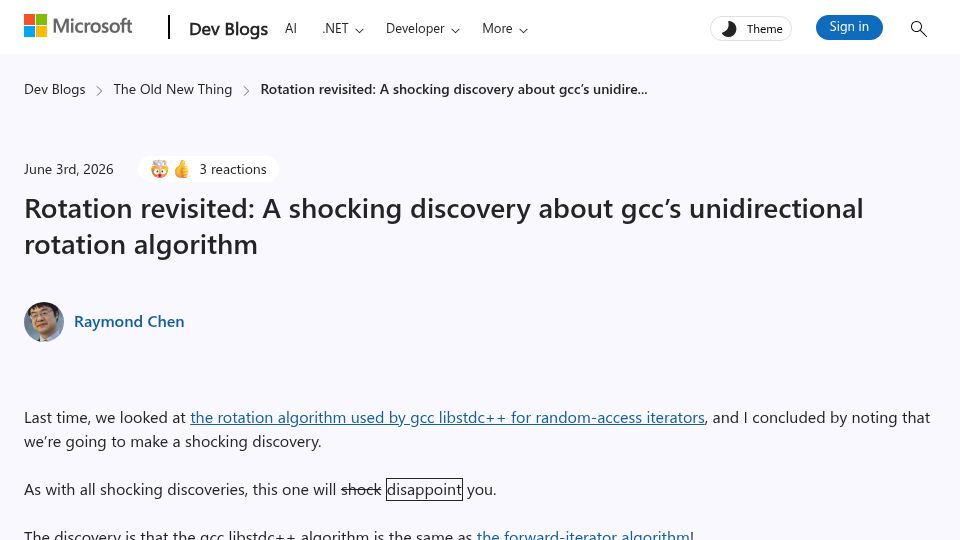 Screenshot of devblogs.microsoft.com: A discovery about GCC's unidirectional rotation algorithm
