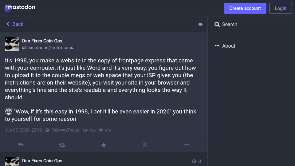 Screenshot of retro.social: Wow, if it's this easy in 1998, I bet it'll be even easier in 2026