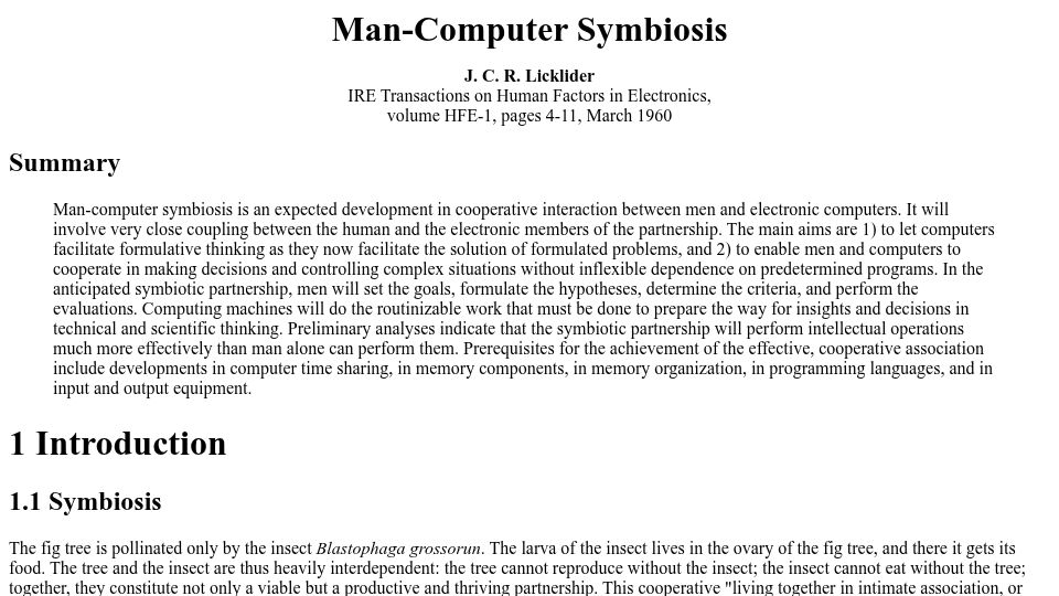 Screenshot of groups.csail.mit.edu: Man-Computer Symbiosis J. C. R. Licklider (1960)